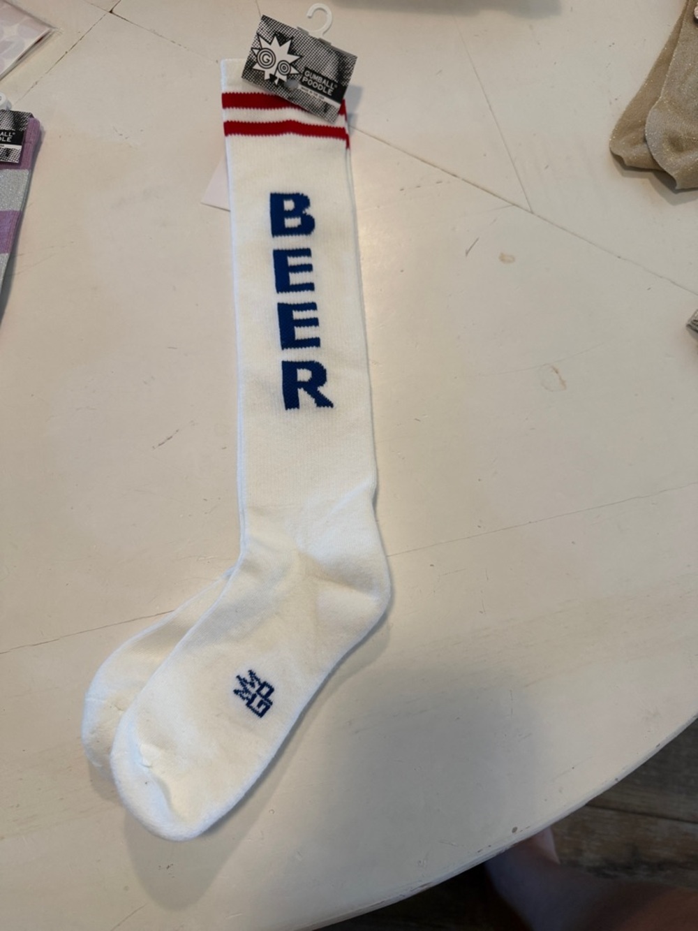 White Knee-High 'BEER' Athletic Socks with Red Stripes